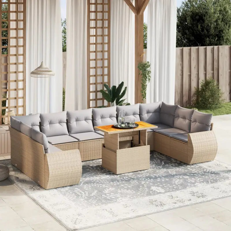 Lounge Tuinset met zwart materiaal en gepoedercoat staal afmetingen - Beige en grijs / 6x midden + 4x hoek + Tafel