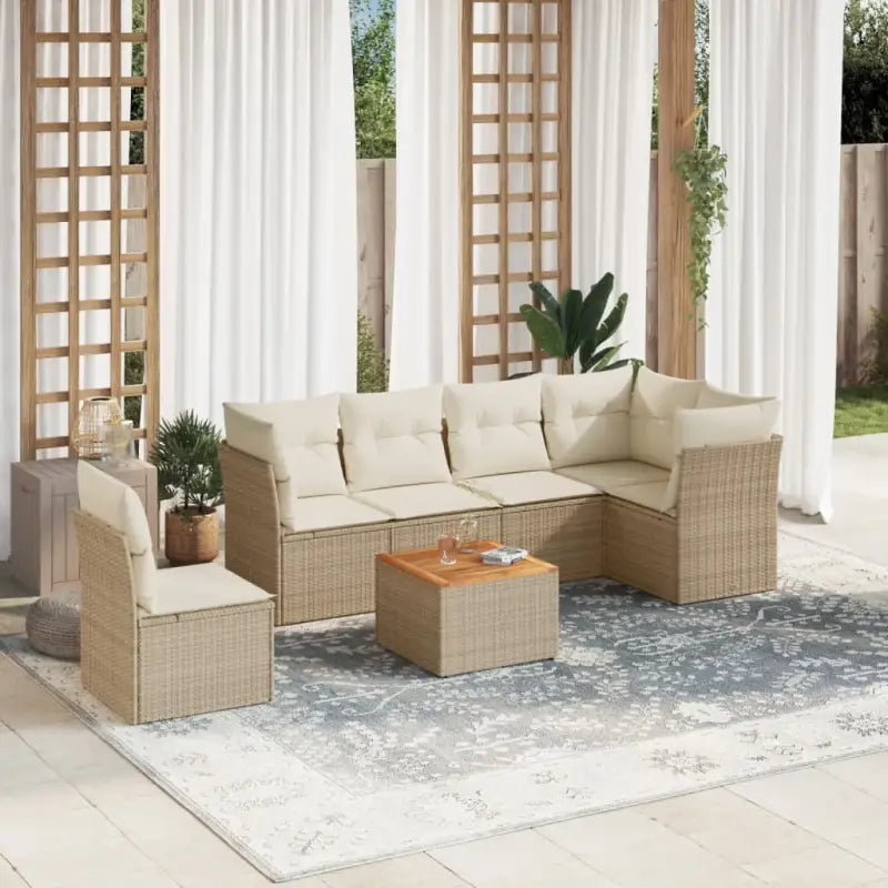Lounge tuinset van poly rattan en gepoedercoat staal met gunstige afmetingen - Beige / 3x midden + Tafel + 3x hoek