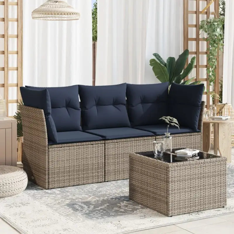 Lounge tuinset van poly rattan met comfortabele zitervaring en gepoedercoat staal - grijs en marineblauw / Met tafel