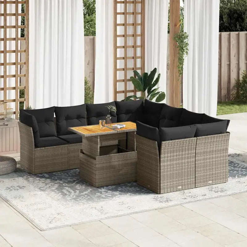 Lounge tuinset van zwart materiaal en gepoedercoat staal met afmetingen - grijs en donkergrijs / 4x hoek + 4x midden