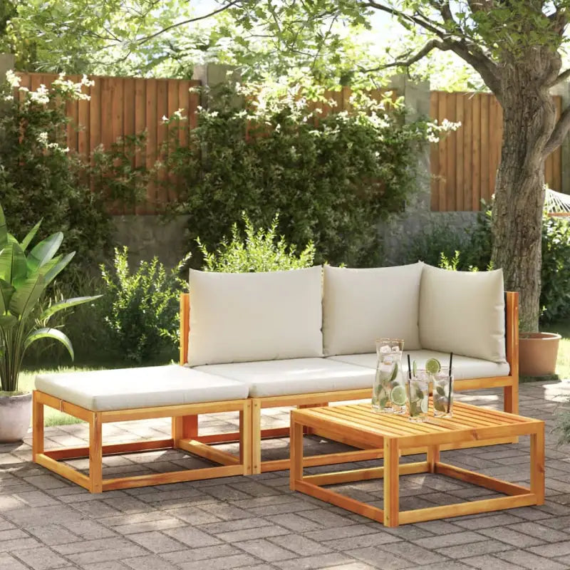 Loungebank van massief acaciahout met kleur per rattan en comfortabele rugkussens - Zwart en crème / hoek + midden