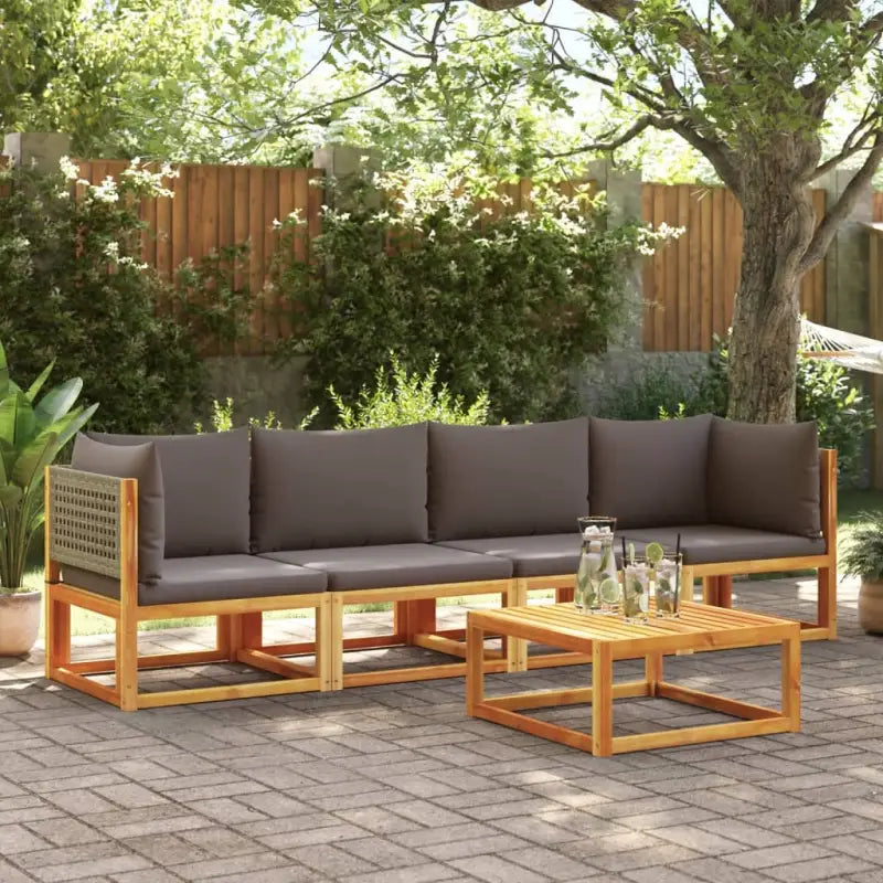 Loungebank van massief acaciahout met kleur per rattan en comfortabele rugkussens - Grijs / 4- seater - Tuinsets