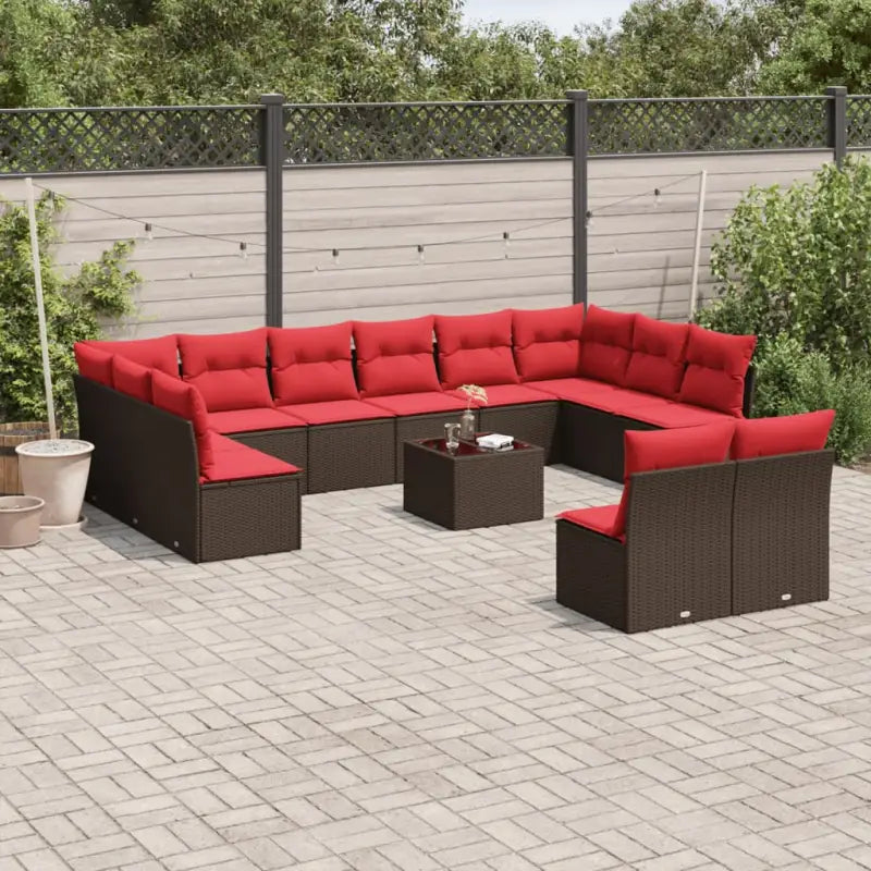 Loungebank van poly rattan met bruin materiaal en gepoedercoat staal - Bruin en rood / Met tafel - Tuinsets