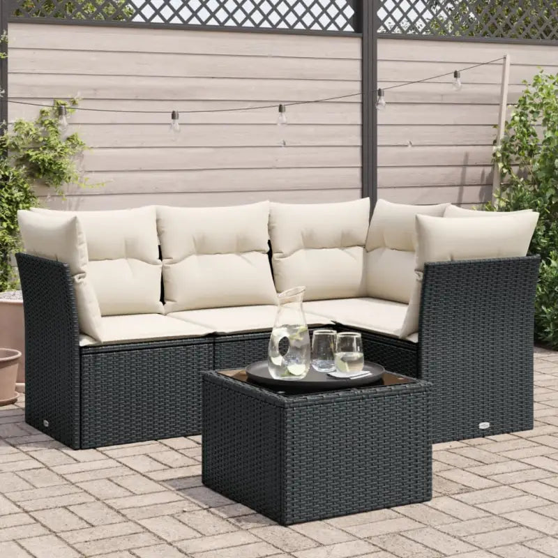 Loungebank van poly rattan met comfortabele zitervaring en gepoedercoat staal - Zwart en crème / Met tafel - Tuinsets