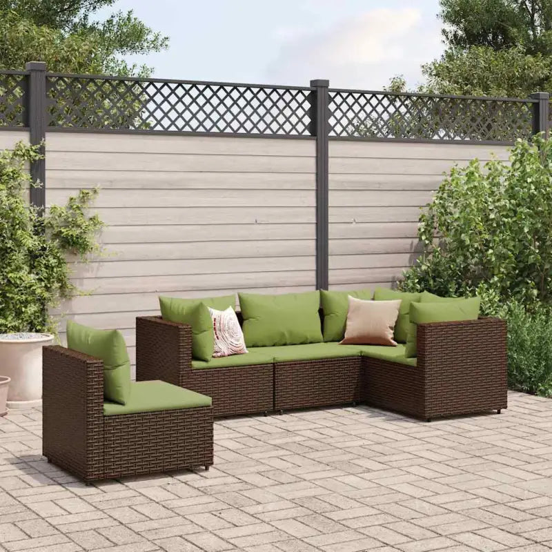 Loungebank van poly rattan met gepoedercoat staal en afmetingen rugkussen - Bruin en groen / 3x hoek + 2x midden