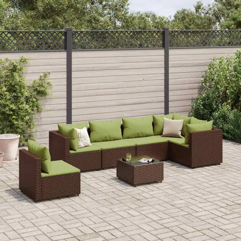 Loungebank van poly rattan met gepoedercoat staal en afmetingen rugkussen - Bruin en groen / 3x hoek + 3x midden