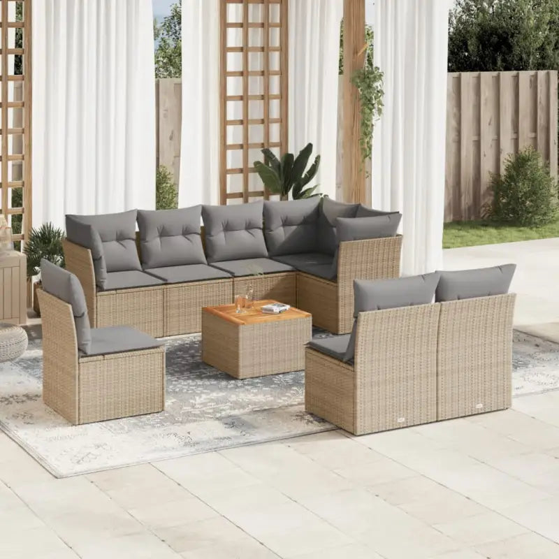 Loungebank van poly rattan met gepoedercoat staal en perfecte afmetingen - Beige en grijs / 5x hoek + Tafel + 3x midden