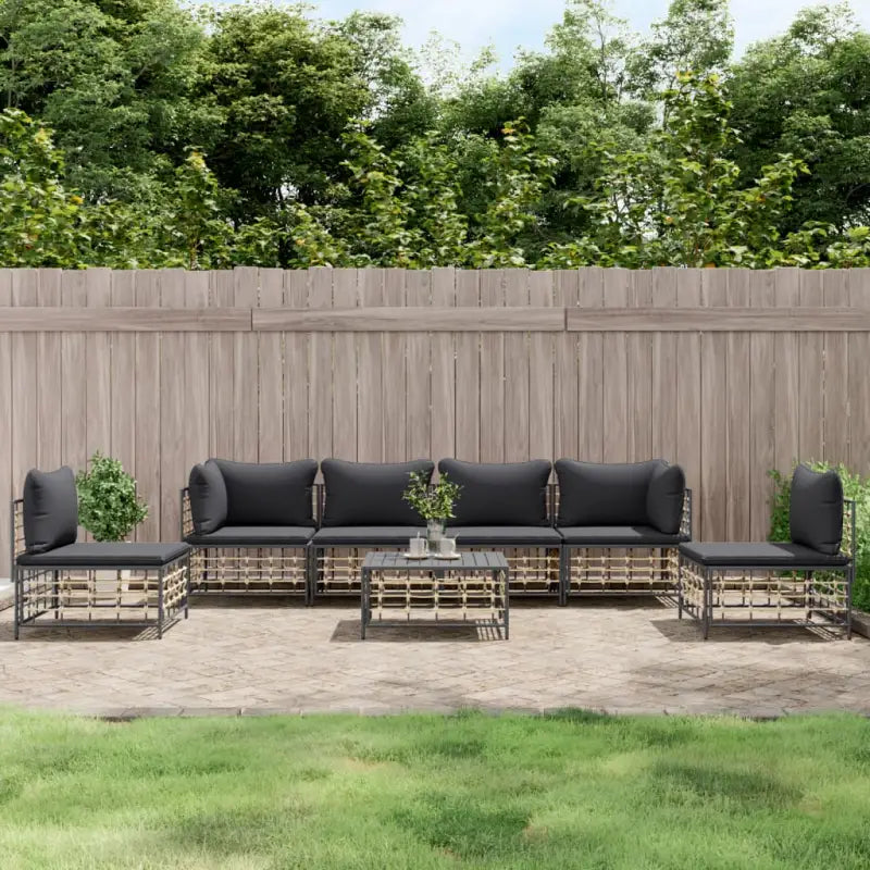 Loungebanken in poly rattan met antraciet materiaal en ruime afmetingen - 1 / Donkergrijs / 2x hoek + 4x midden + Tafel