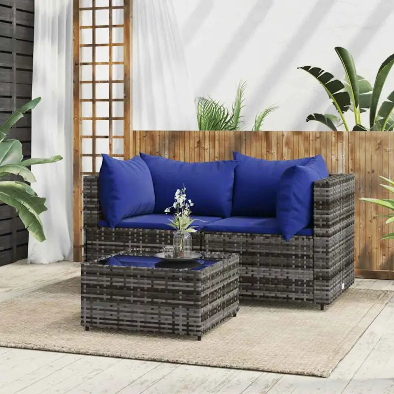 Loungebanken met poly rattan en eenvoudig schoon design - Grijs en blauw / 1 / 2x hoek + Tafel - Loungebanken
