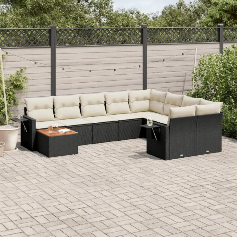Loungeset in gemengd beige materiaal voor je tuin of terras - Zwart en crème / Tafel + 5x midden + 2x hoek - Tuinsets