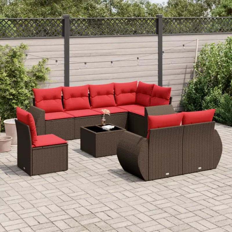 Loungeset in grijs materiaal met gepoedercoat staal en waterdichte tas - Bruin en rood / Met tafel - Tuinsets