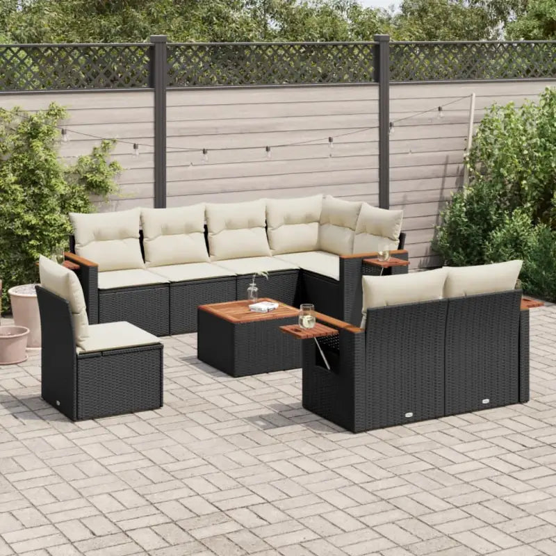 Loungeset in zwart materiaal met gepoedercoat staal en comfortabele afmetingen - Zwart en crème / Met tafel - Tuinsets