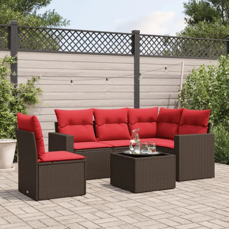 Loungeset met gepoedercoat staal en bruin materiaal voor tuin en terras - Bruin en rood / Met tafel - Tuinsets