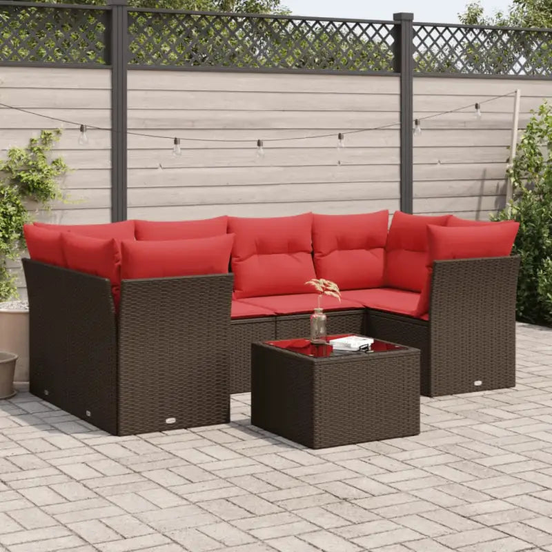 Loungeset met grijs materiaal en gepoedercoat staal voor tuin of terras - Bruin / 4x hoek + Tafel + 2x midden - Tuinsets