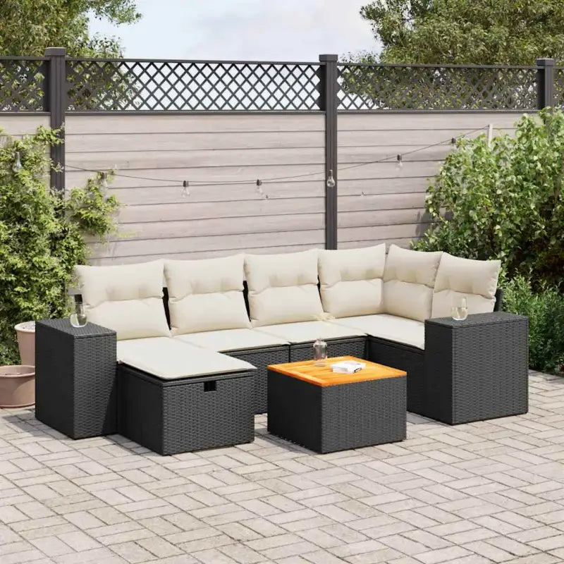 Loungeset van beige materiaal en gepoedercoat staal voor tuin | Afmetingen - Zwart en crème / met opbergruimte
