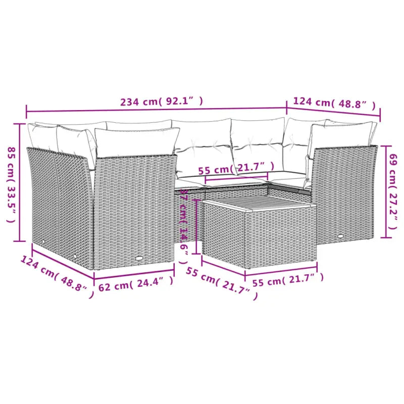 Loungeset van gepoedercoat staal en poly rattan voor buitengebruik - Grijs / Tafel + 2x midden + 4x hoek - Tuinsets