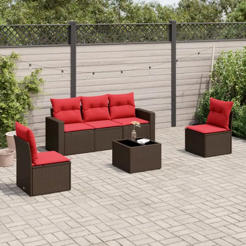 Loungeset van poly rattan met comfortabele zitervaring en gepoedercoat staal - Bruin en rood / Met tafel - Tuinsets