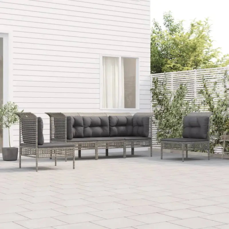 Loungeset van poly rattan met gepoedercoat staal in grijs materiaal - 2x hoek + 3x midden - Tuinsets