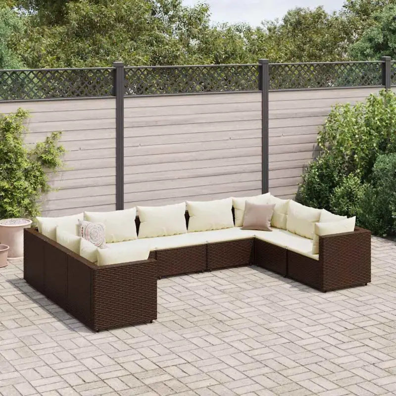 Loungeset voor tuin met grijs materiaal en gepoedercoat staal - Bruin en crème / 4x hoek + 5x midden - Tuinsets