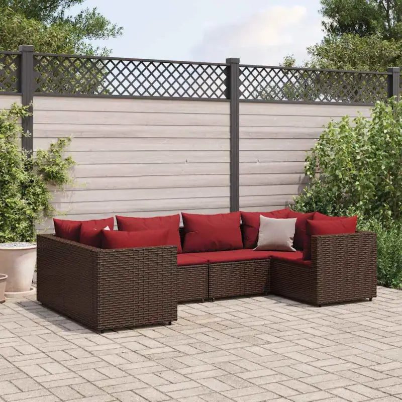 Loungeset voor tuin met grijs materiaal en gepoedercoat staal - Bruin en rood / 4x hoek + 2x midden - Tuinsets