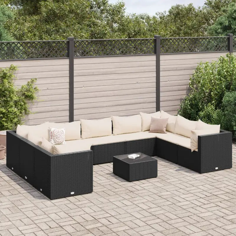Loungeset voor tuin met grijs materiaal en gepoedercoat staal - Zwart en crème / 4x hoek + 5x midden + Tafel - Tuinsets