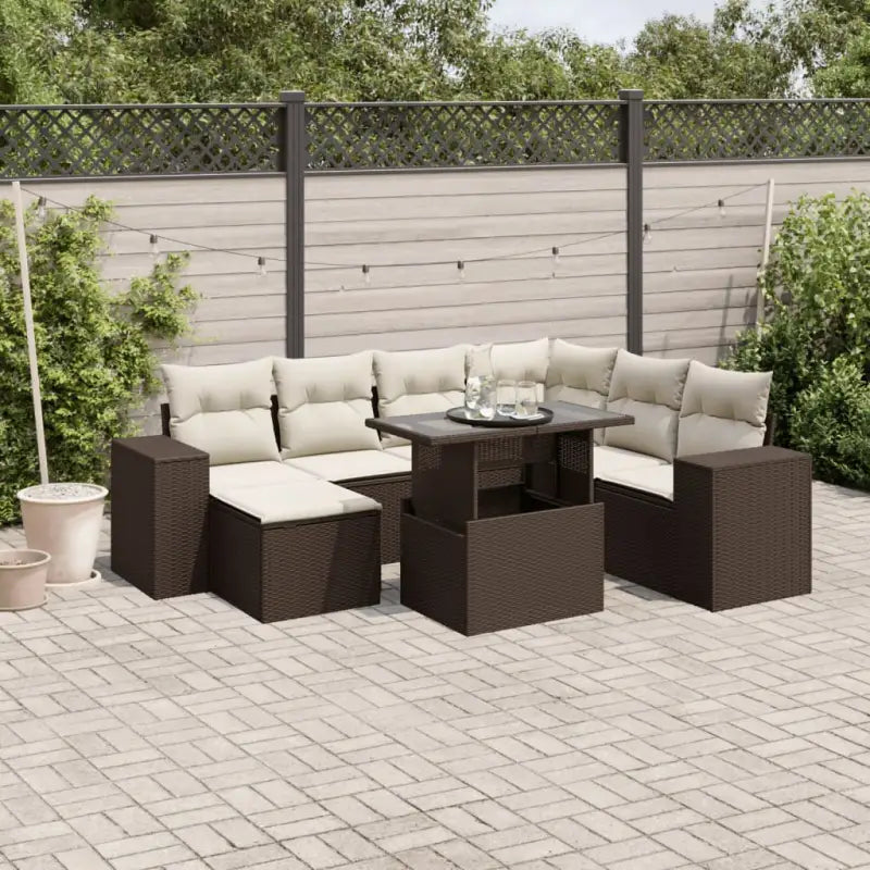 Loungetuina set met beige materiaal en gepoedercoat staal afmetingen - Bruin en crème / Met tafel - Tuinsets