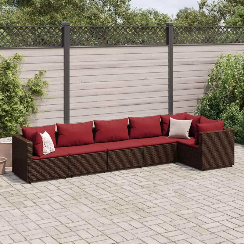 Loungetuinset met bruin materiaal en gepoedercoat staal voor buitengevoel - Bruin en rood / 3x hoek + 3x midden