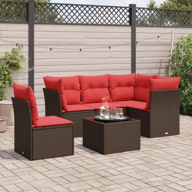 Loungetuinset van bruin materiaal en gepoedercoat staal met afmetingen - Bruin en rood / Met tafel - Tuinsets