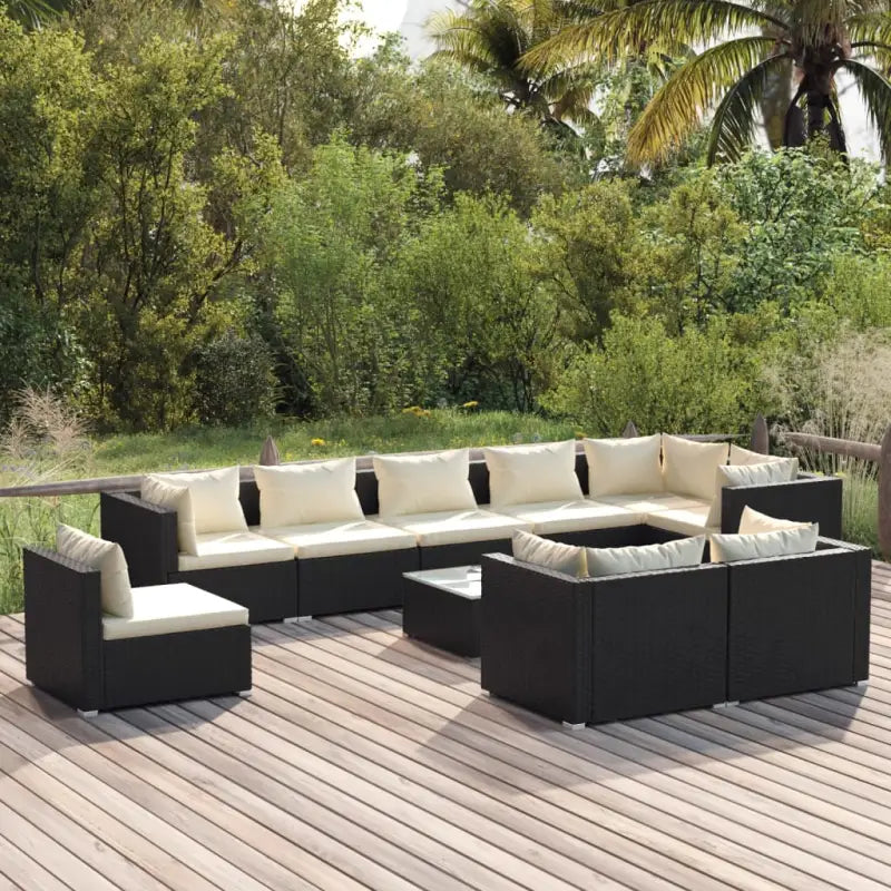 Luxe poly rattan tuinset met waterbestendig materiaal en diepe zitting - Zwart en crème / 5x hoek + 4x midden + Tafel