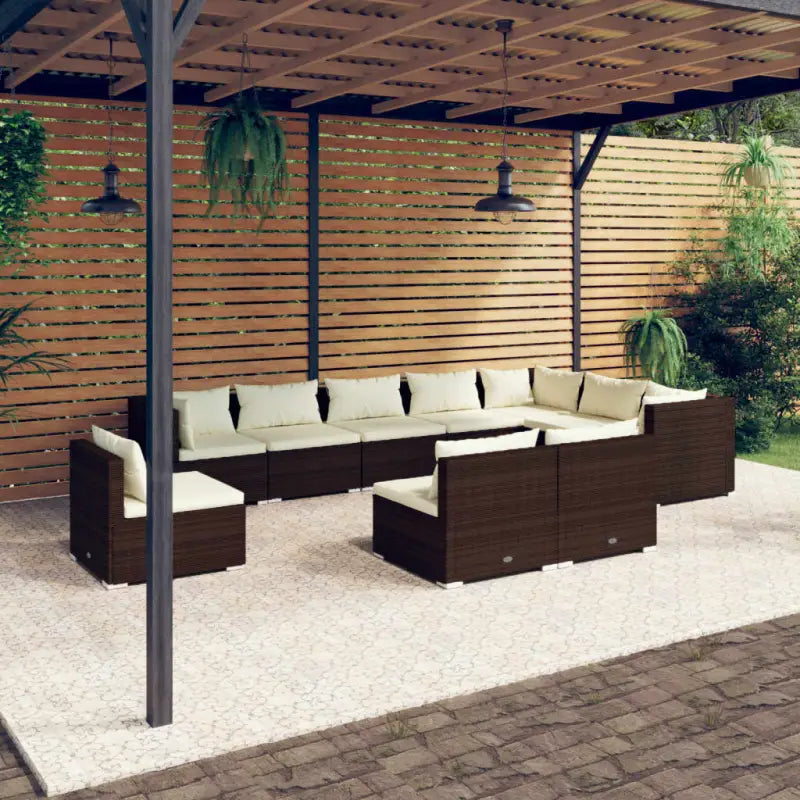 Luxe poly rattan tuinset met waterbestendig materiaal en diepe zitting - Bruin en crème / 3x hoek + 7x midden - Tuinsets