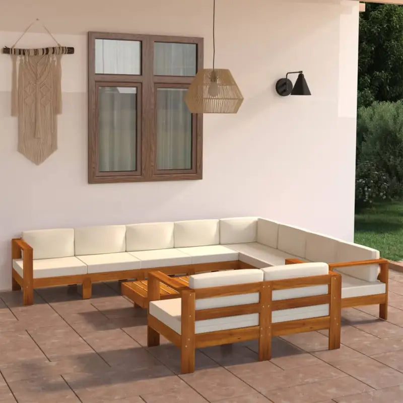 Massief acaciahout loungeset met afmetingen middenbank voor tuin en terras - Crème / hoek + 7x midden + Bank + Tafel