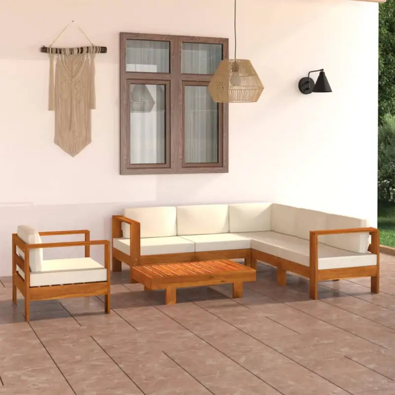 Massief acaciahout loungeset met afmetingen middenbank voor tuin en terras - Crème / 4x midden + hoek + Fauteuil