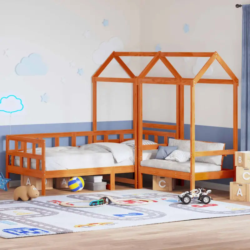 Massief Grenenhout Slaapbank met Huisje en Bankje in Witmateriaal - Wasbruin / 80 x 200 cm - Bedden & bedframes