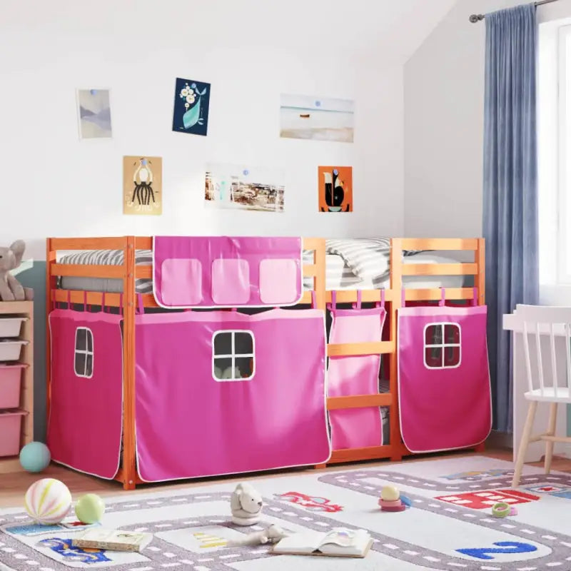 Metalen stapelbed in massief grenenhout voor compacte slaapkamers - bruin en roze / 90 x 200 cm - Bedden & bedframes