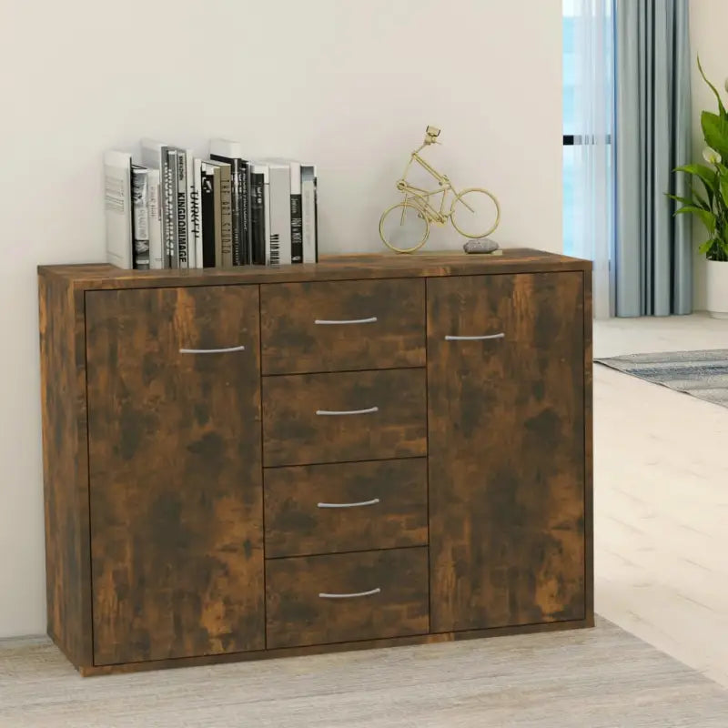 Minimalistisch bewerkt hout dressoir met opbergruimte en decoratieve uitstraling - Gerookt eiken / 1 - Dressoirs &