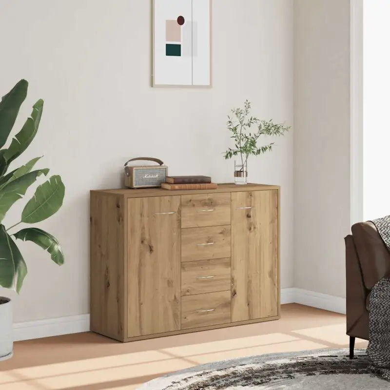 Minimalistisch bewerkt hout dressoir met opbergruimte en decoratieve uitstraling - artisanaal eikenkleurig / 1