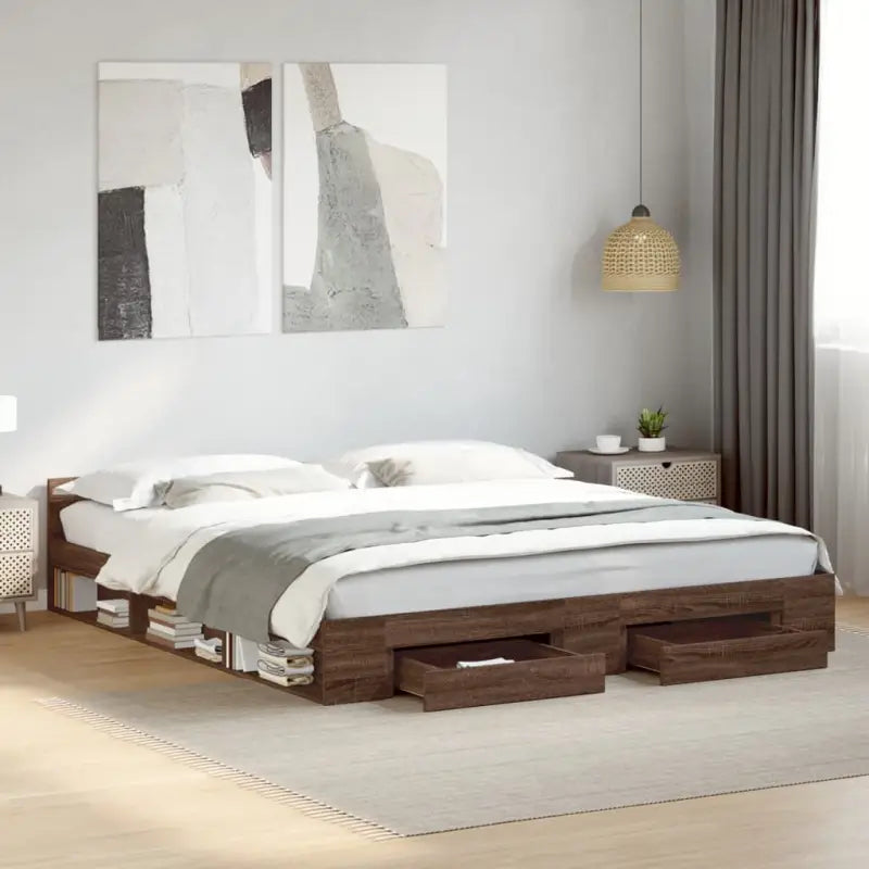Modern bedframe met lades van bewerkt hout voor een stijlvolle slaapkamer - bruin eikenkleur / 200 x 200 cm - Bedden &