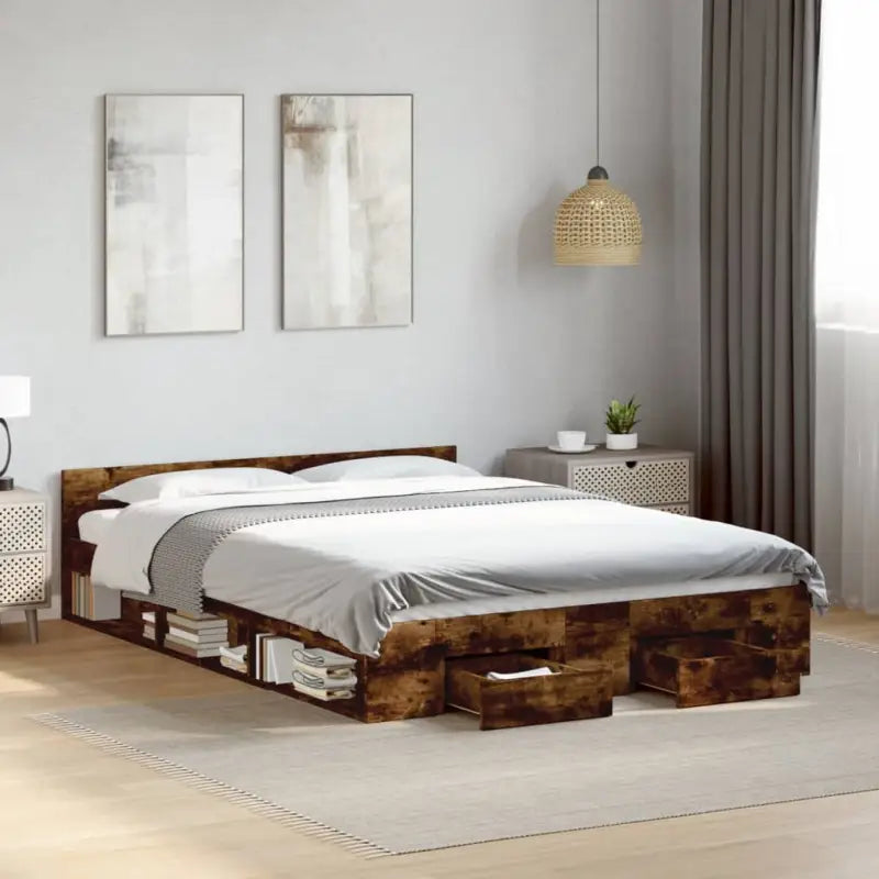 Modern bedframe met lades van bewerkt hout voor een stijlvolle slaapkamer - Gerookt eiken / 135 x 190 cm - Bedden &