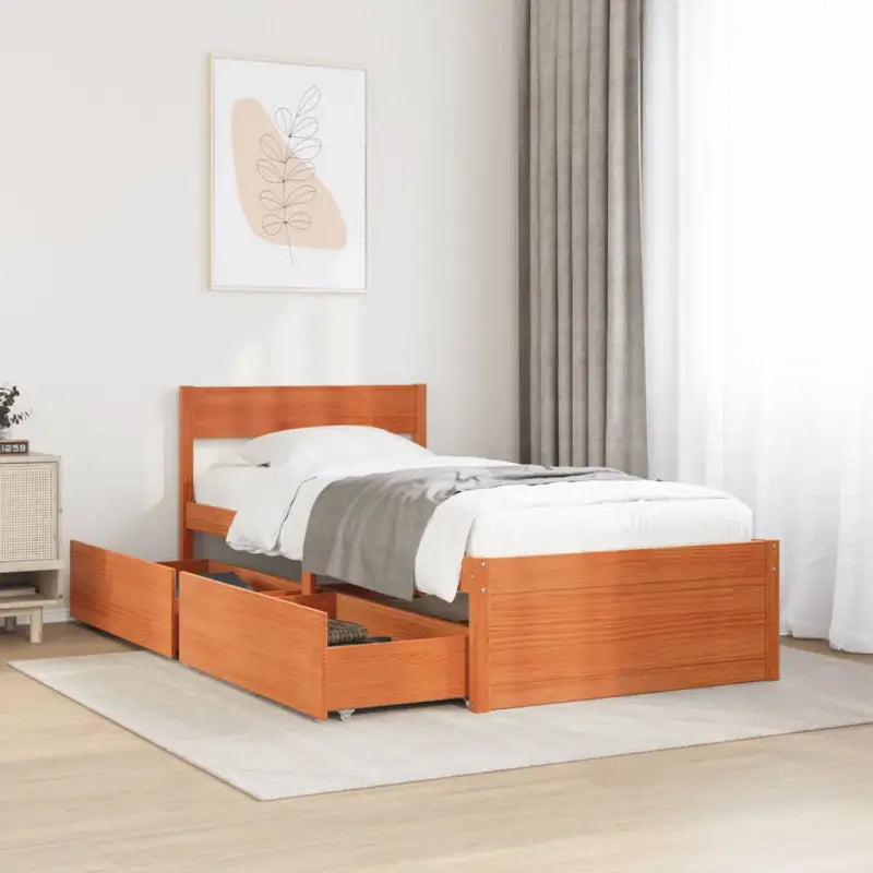 Modern bedframe met lades van massief grenenhout en multiplex lattenbodem - Wasbruin / 90 x 200 cm - Bedden & bedframes