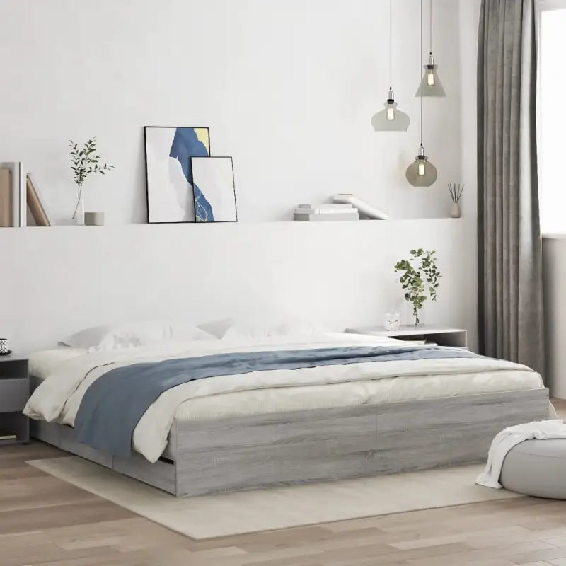 Moderne bedframe met lades van bewerkt hout voor een stijlvolle slaapkamer - Grijs sonoma / 200 x 200 cm - Bedden &