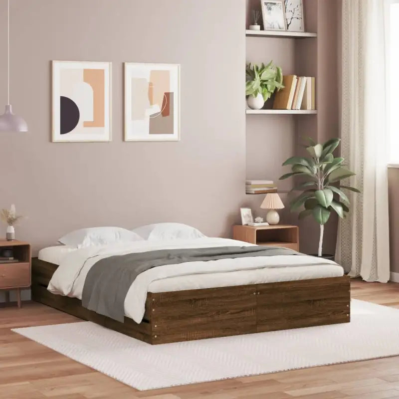 Moderne bedframe met lades van bewerkt hout voor een stijlvolle slaapkamer - bruin eikenkleur / 120 x 200 cm - Bedden &