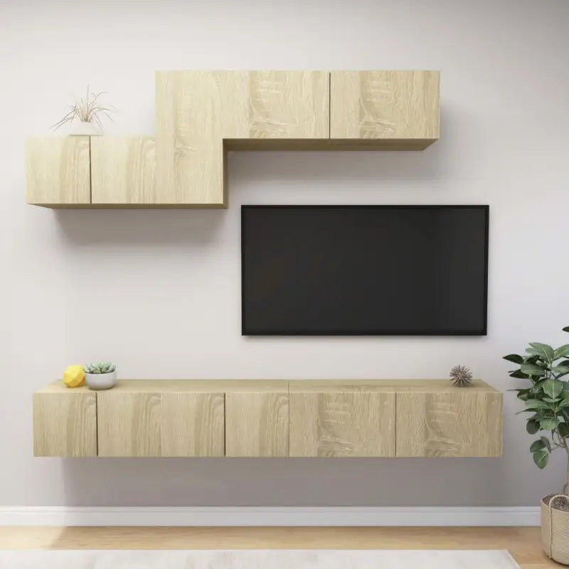 Moderne hangende tv-meubelset in bewerkt hout met opbergruimte - Sonoma eiken / 6 / 100 cm - Tv-meubels