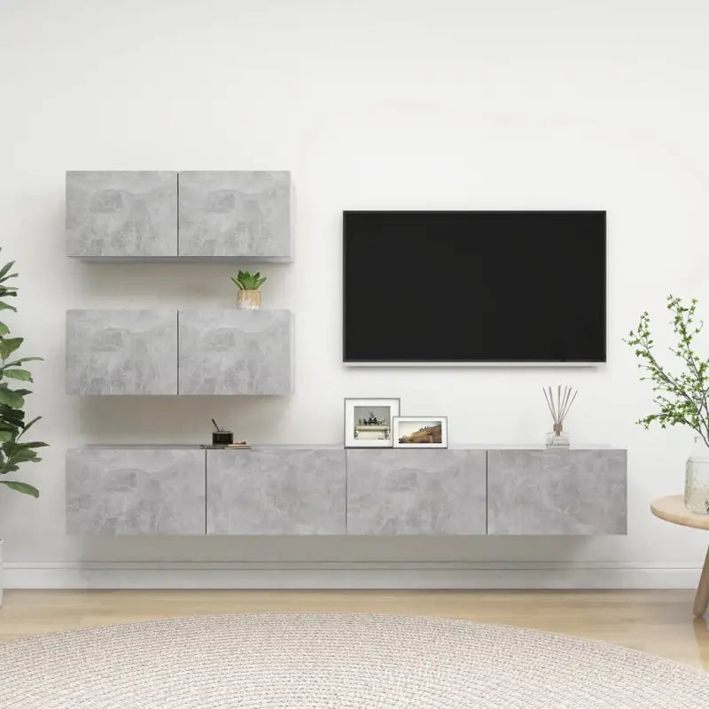 Moderne hangende TV-meubelset van bewerkt hout met veel opbergruimte - Betongrijs / 4 / 100 cm - Tv-meubels