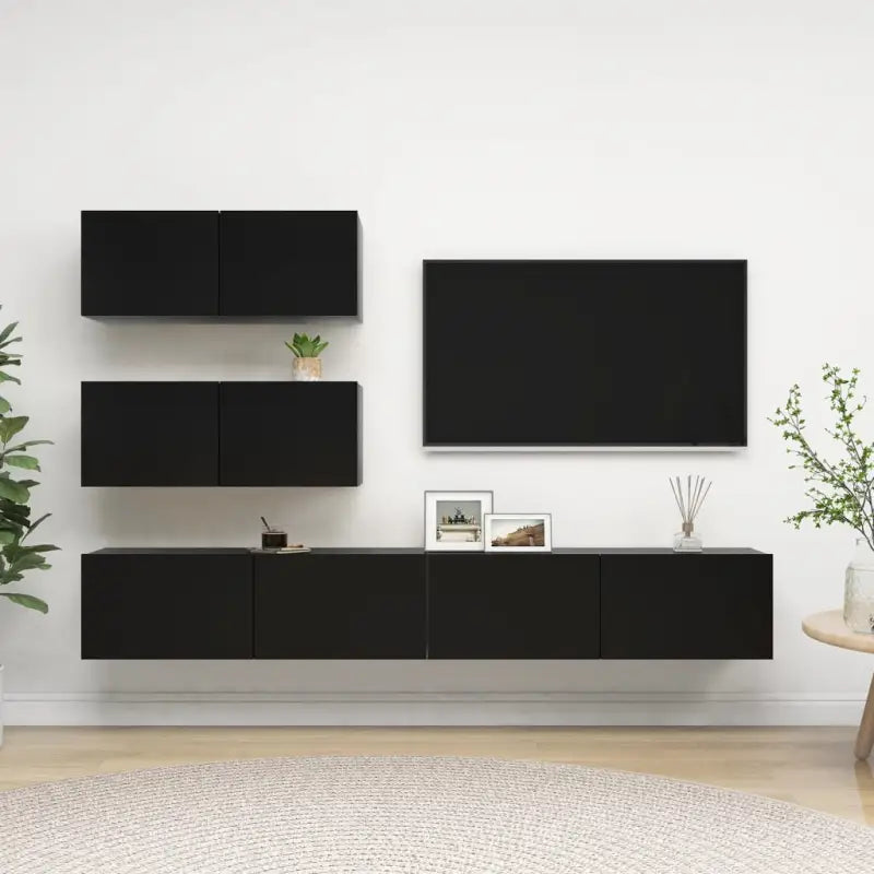 Moderne hangende TV-meubelset van bewerkt hout met veel opbergruimte - Zwart / 4 / 100 cm - Tv-meubels