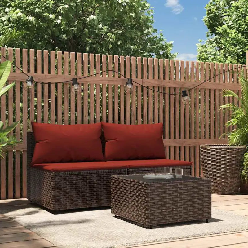 Moderne tuinbank van poly rattan voor dineren en ontspannen - Bruin en rood / 1 / 2x midden + Tafel - Loungebanken