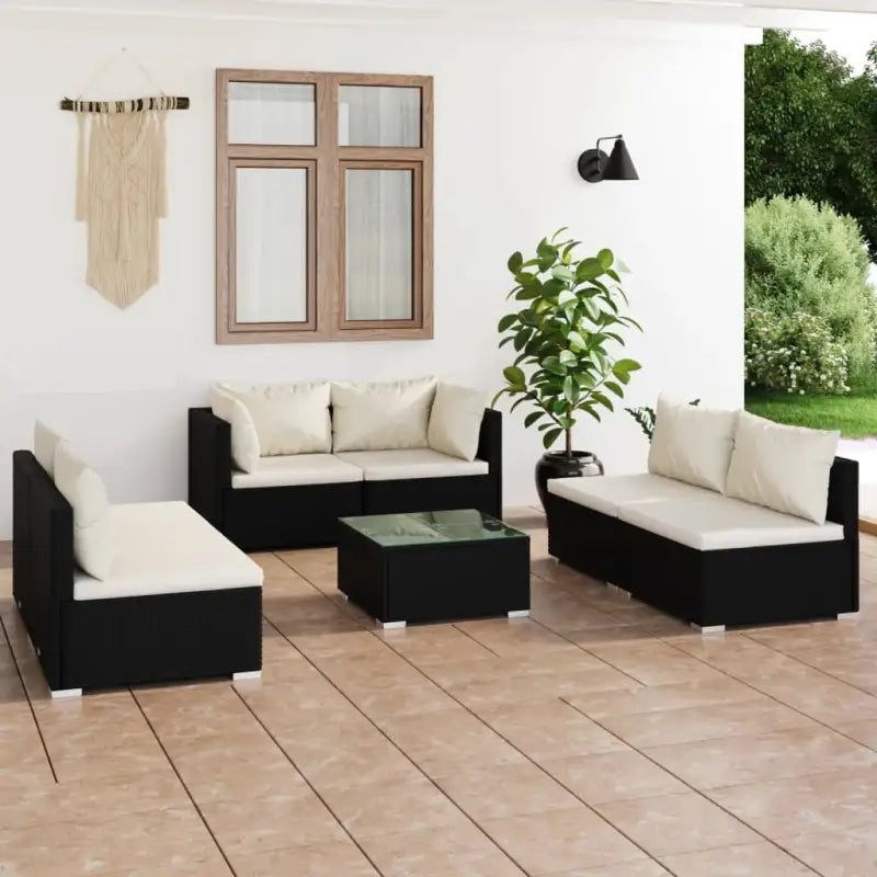Moderne Tuinset met comfortabele zitkussen en stevige afmetingen - Zwart en crème / 4x midden + 2x hoek + Tafel