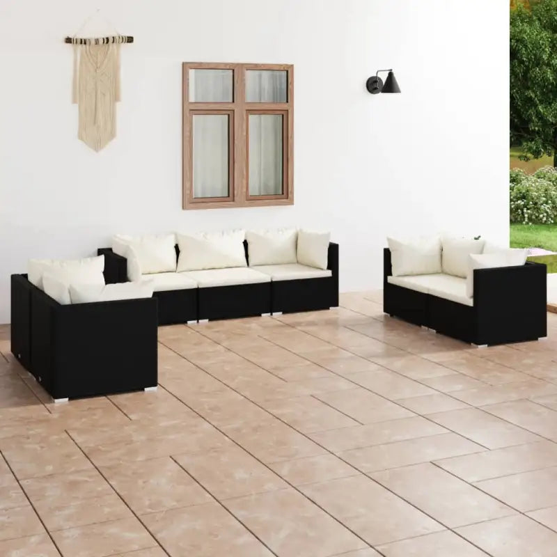 Moderne Tuinset met comfortabele zitkussen en stevige afmetingen - Zwart en crème / 6x hoek + midden - Tuinsets