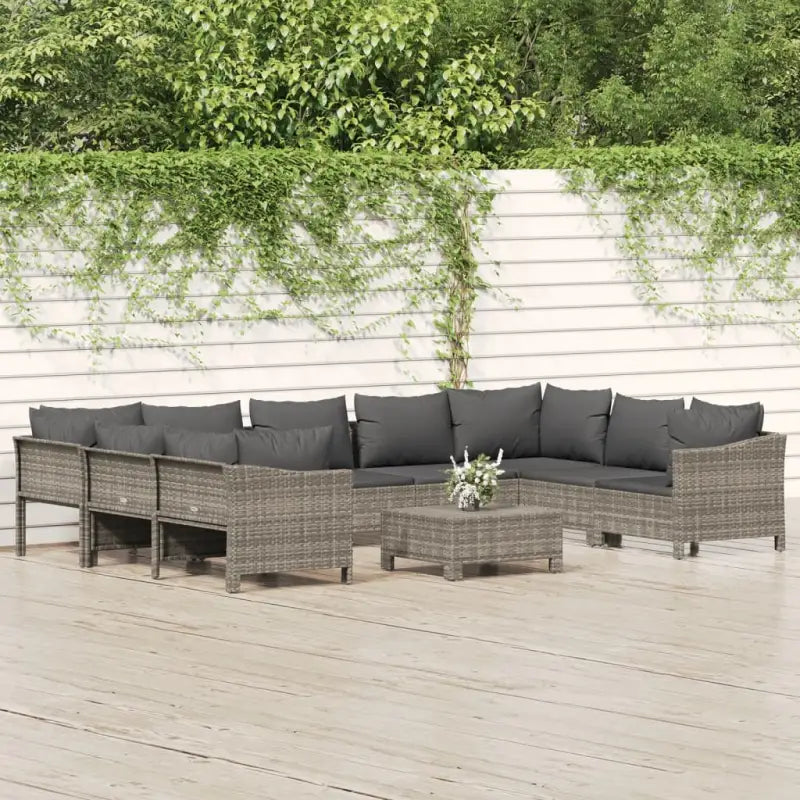 Moderne tuinset met poly rattan en afmetingen zitting met armleuning links - 2x corner + 5x middle + 2x armchair