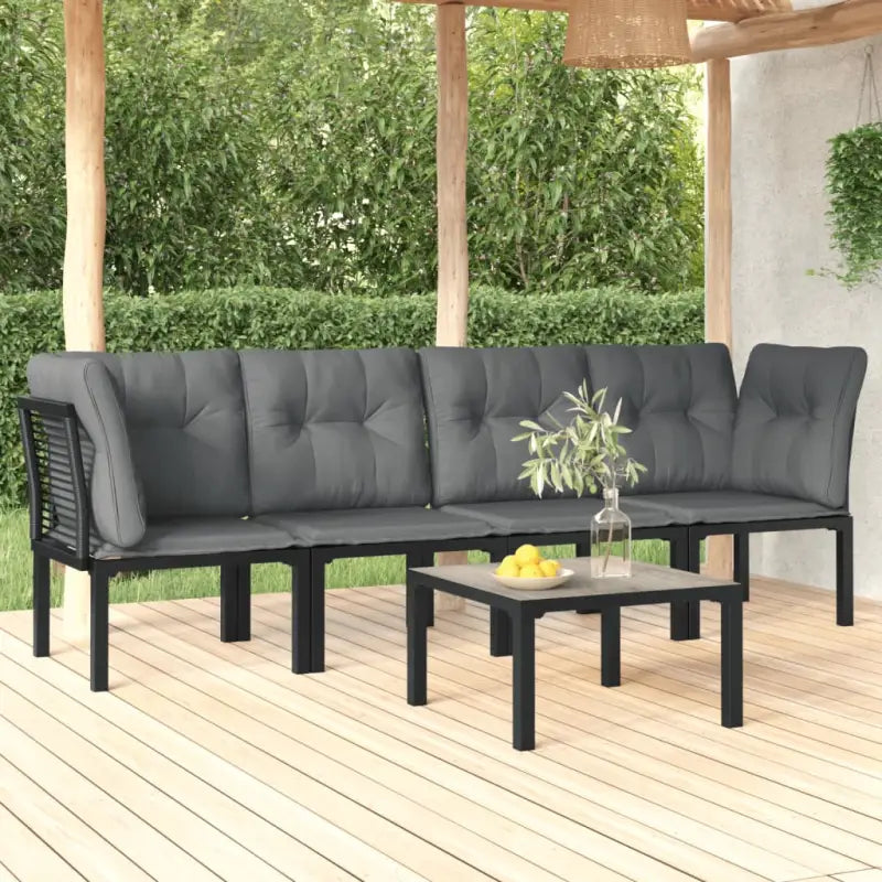 Moderne tuinset met poly rattan en zwart materiaal - 2x hoek + 2x midden + Tafel - Tuinsets