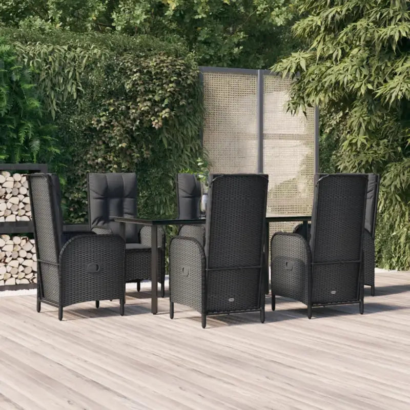 Moderne tuinset van poly rattan met gehard glas en eenvoudig schoon - Zwart / 160 cm tafellengte / 6x stoel + tafel